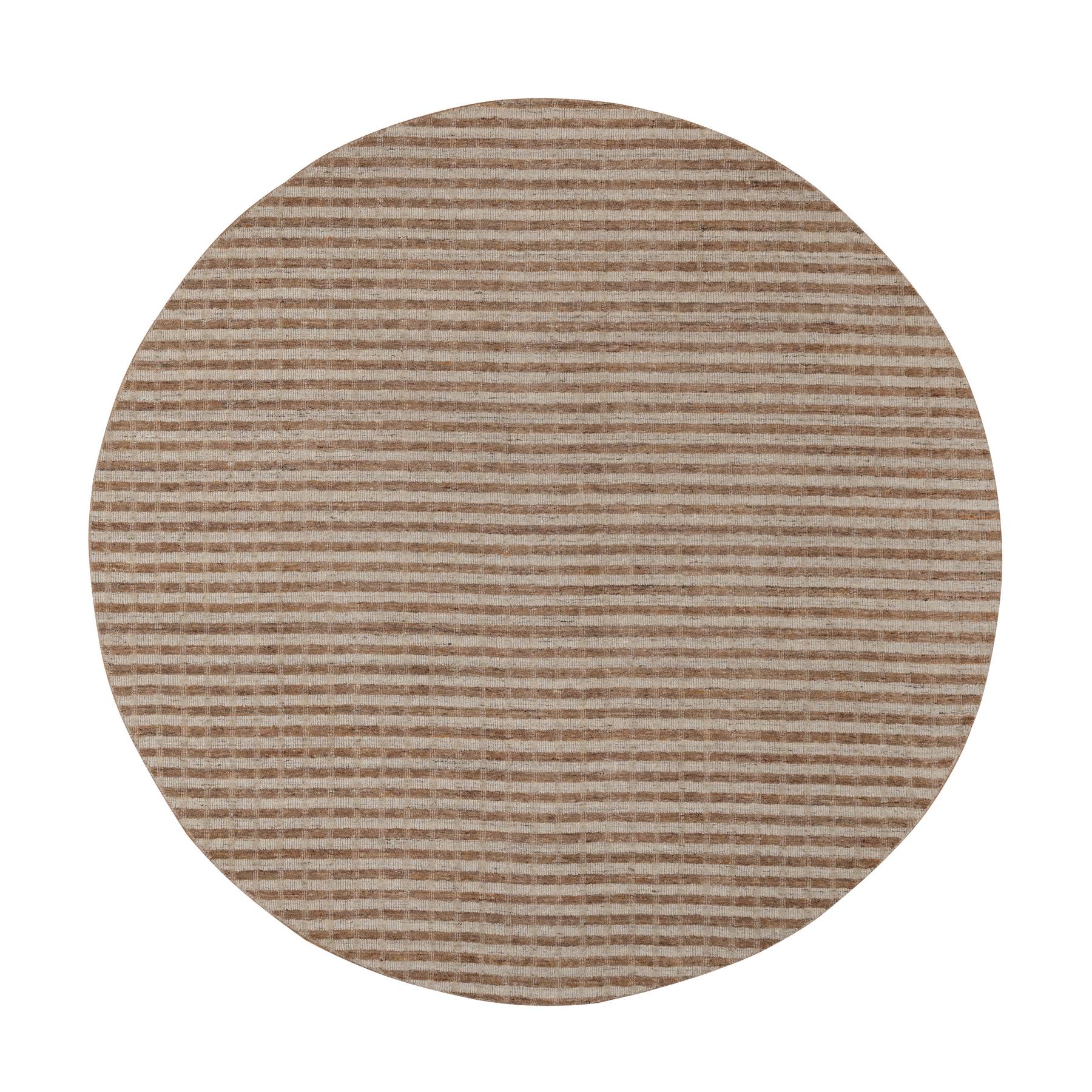 8'x8' Tan and Beaver Brown, Stripes Design with Salt and Pepper Effect, Hand Loomed, Undyed Natural Wool, Round, Oriental Rug 